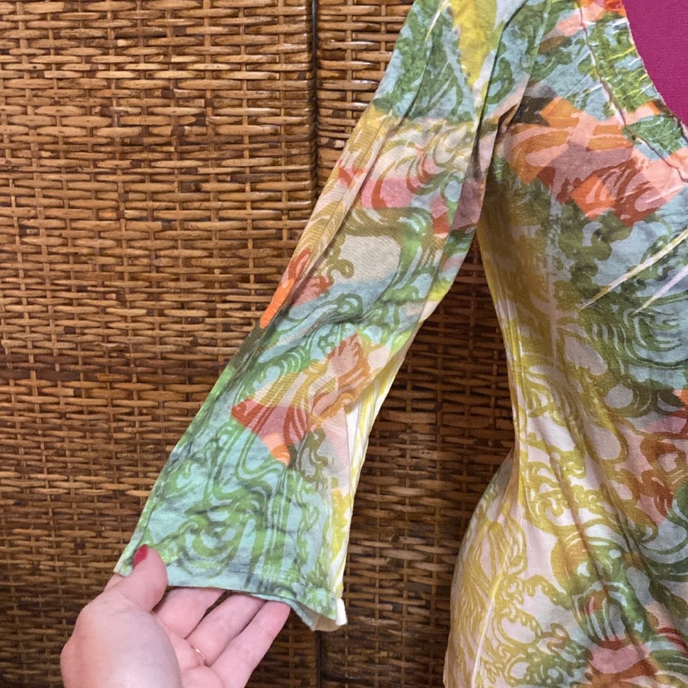 EUC anthropology Butterfly dropout orange, yellow, blue blouse, top S - Picture 3 of 7